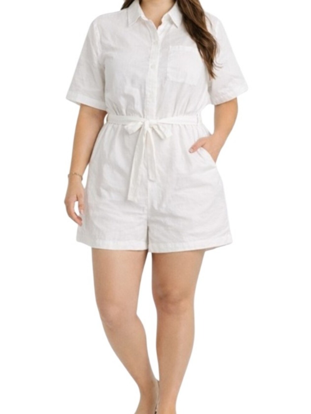 White Short Sleeve Romper with Tie Waist Sz 4X Nwt